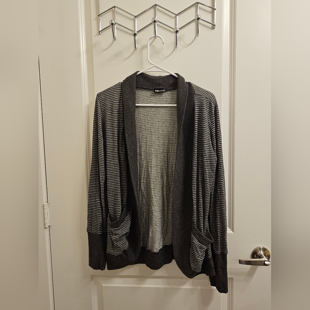 Wet Seal Grey & White Striped Cardigan w/ Pockets